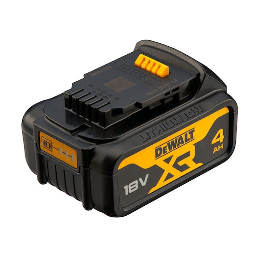 A DEWALT XR 18V 4Ah lithium-ion battery pack, primarily black with yellow accents, designed for power tools.