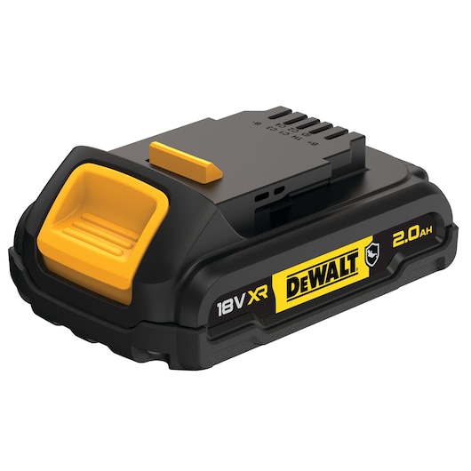 DEWALT 18V XR 2.0Ah lithium-ion battery with yellow release and black casing, shown on white background.