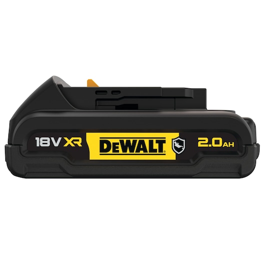 DEWALT 18V XR 2.0Ah rechargeable battery pack, black with yellow branding, shown from the side.