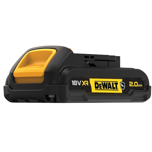 DEWALT 18V XR 2.0Ah battery, black and yellow, used for power tools.