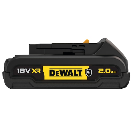 DEWALT 18V XR 2.0Ah rechargeable battery for power tools, black and yellow, front view.