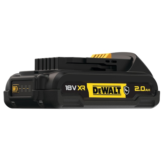 DEWALT 18V XR 2.0Ah lithium-ion battery pack for power tools, shown close-up with logo.