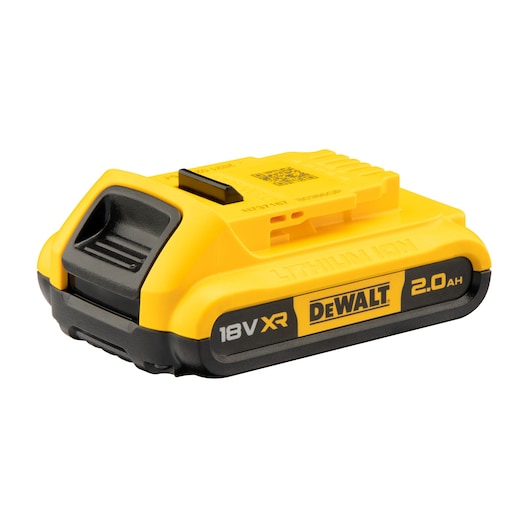 A DEWALT 18V XR 2.0Ah lithium-ion rechargeable battery pack, mainly yellow with black accents, designed for power tools.