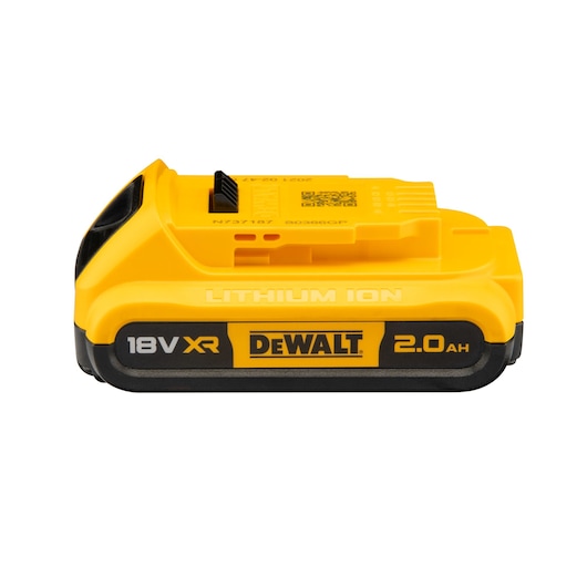 A DEWALT 18V XR lithium-ion battery pack with 2.0 Ah capacity. The battery is yellow and black and features the DEWALT branding on the side.