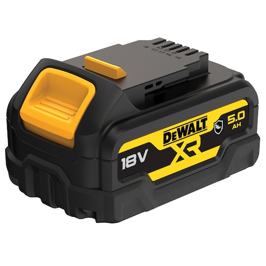 A DEWALT XR 18V 5.0Ah rechargeable battery pack for power tools, featuring a black and yellow design with branding on the side.