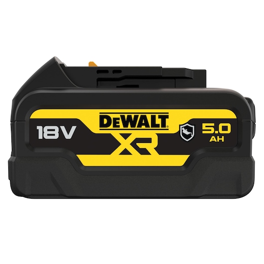 A DEWALT XR 18V 5.0Ah rechargeable power tool battery, black with yellow branding and labeled with durable design icon.