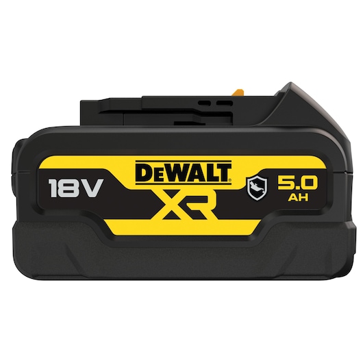 DEWALT XR 18V 5.0Ah rechargeable battery, black and yellow design, used for power tools.