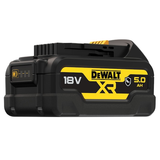 DEWALT XR 18V 5.0Ah rechargeable lithium-ion battery pack, black and yellow, shown with battery level indicator.