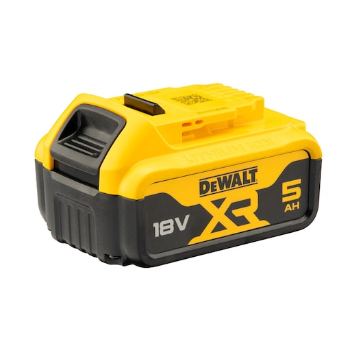 A DEWALT XR 18V 5Ah lithium-ion battery for power tools, shown in yellow and black.