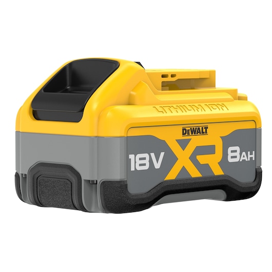 DEWALT XR 18V 8Ah lithium-ion battery, yellow and gray, compact design for power tools.