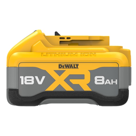 DEWALT 18V XR 8Ah lithium-ion battery for power tools, yellow and grey, front view.