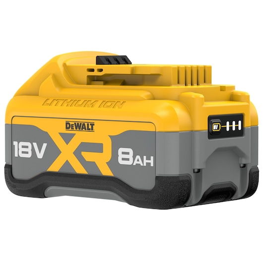 DEWALT XR 18V 8Ah lithium-ion battery with yellow and gray casing and battery indicator.