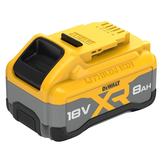 DEWALT XR 18V 8Ah lithium-ion battery for power tools, yellow and gray rectangular design.