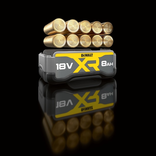 DEWALT 18V XR 8Ah battery with gold cells stacked on top, displayed on a reflective black surface.