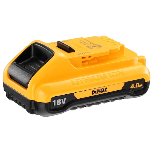 DEWALT 18V 4.0Ah lithium-ion battery, yellow and black, for power tools.