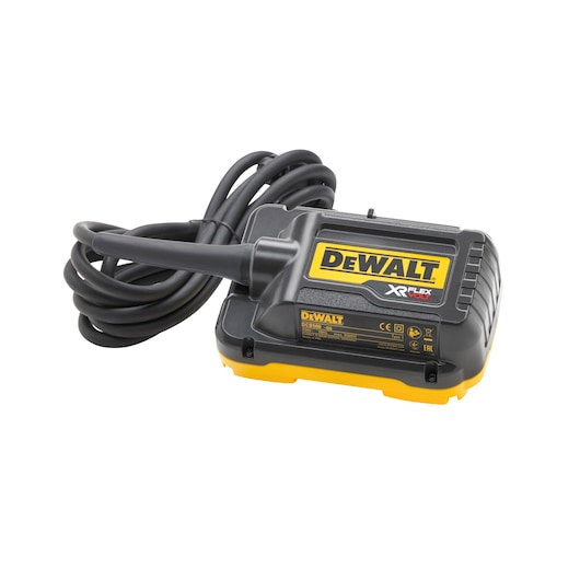 DEWALT DCB500 power adapter with cable, black and yellow, XR FLEXVOLT series, shown on a white background.