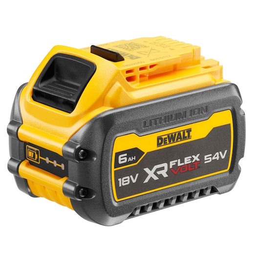 DEWALT XR FLEXVOLT 18V/54V 6Ah lithium-ion rechargeable battery, featuring a yellow and black casing with product branding and specifications on the side.