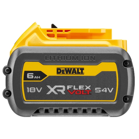 Front view of a DEWALT XR FLEXVOLT Lithium Ion rechargeable battery, labeled with 6.0Ah, 18V, and 54V.