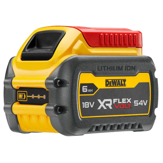 DEWALT XR FlexVolt 18V/54V Lithium Ion 6Ah rechargeable battery with yellow, black, and red casing, featuring DEWALT branding and battery status indicator.