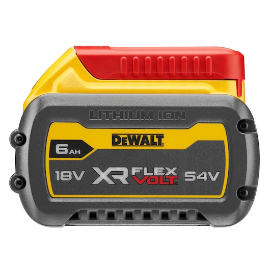 DEWALT XR FLEXVOLT lithium-ion battery with 6Ah capacity, supporting 18V and 54V, featuring a yellow, grey, and red design.