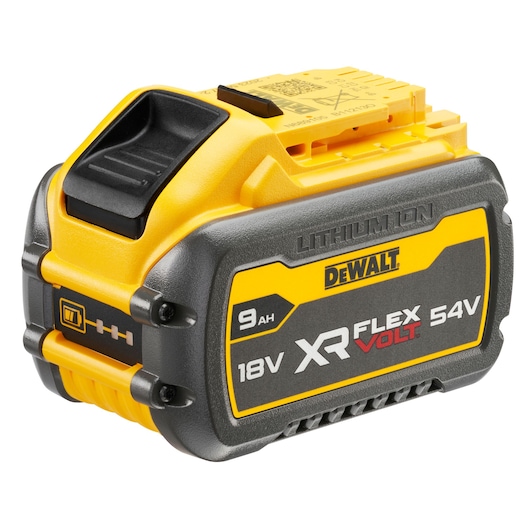A DEWALT XR FlexVolt 18V/54V lithium-ion battery, model DCB547, with a 9Ah capacity. The battery is yellow and black in color and shows its technical specifications and branding on the side.