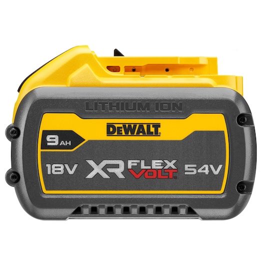 DEWALT XR FLEXVOLT lithium-ion battery, model DCB547, with specifications: 9Ah, 18V/54V. The battery has a yellow and black casing and is designed for power tools.