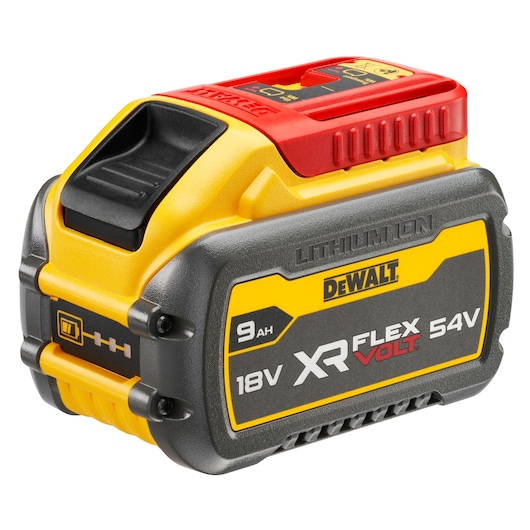 A DEWALT DCB547 XR FLEXVOLT lithium-ion battery pack, 18V/54V with 9Ah capacity, featuring yellow, black, and red colors. The battery is designed for use with compatible DEWALT tools.