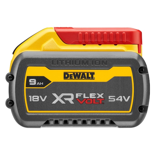 A DEWALT XR FLEXVOLT 18V/54V 9Ah lithium-ion battery with a yellow and black casing and a red top.