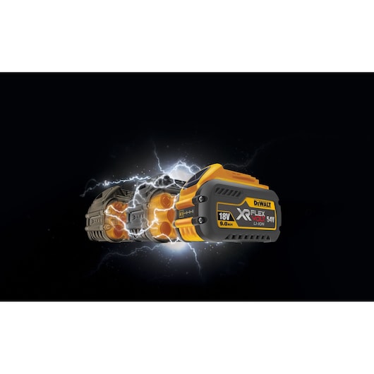 A DEWALT XR FLEXVOLT 18V/54V lithium-ion battery is shown with electric sparks, highlighting its power and energy. The battery has a black and yellow design and is positioned against a dark background.