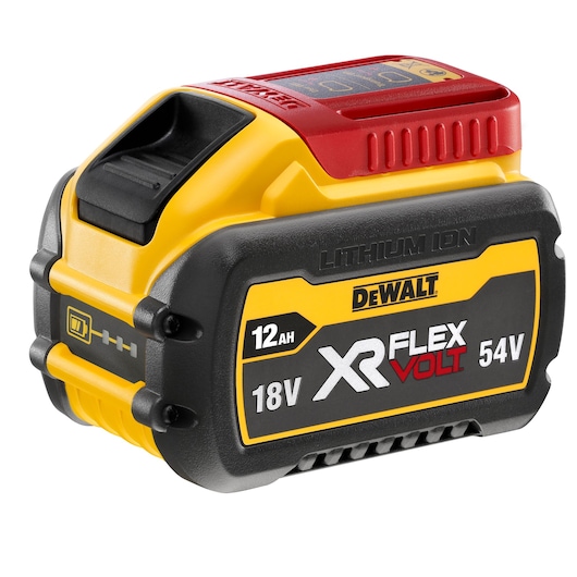 DEWALT XR FLEXVOLT lithium-ion battery pack, model DCB548, with 12Ah capacity and selectable 18V or 54V power, shown with yellow, black and red colors and branded labeling.