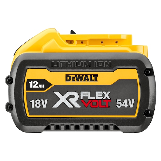 Front view of a DEWALT XR FLEXVOLT lithium ion battery, showing 12 Ah capacity and compatibility with 18V and 54V tools.