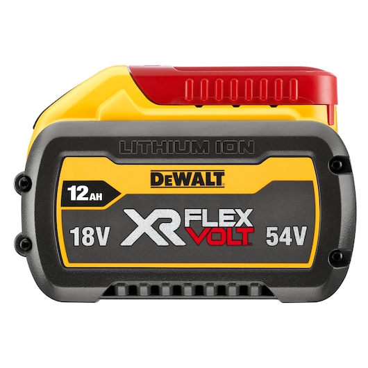 A DEWALT XR FlexVolt lithium-ion battery pack with a yellow and black design, showing specifications of 12Ah, 18V, and 54V.
