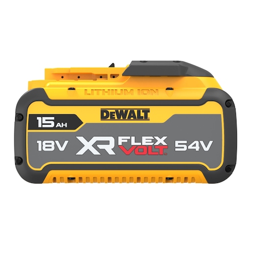 DEWALT XR FLEXVOLT lithium-ion battery, 15Ah, 18V/54V. Yellow and grey with product branding.