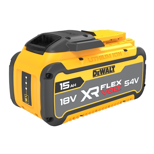 DEWALT XR FLEXVOLT 15Ah lithium-ion battery, 18V/54V, yellow and black power tool accessory.