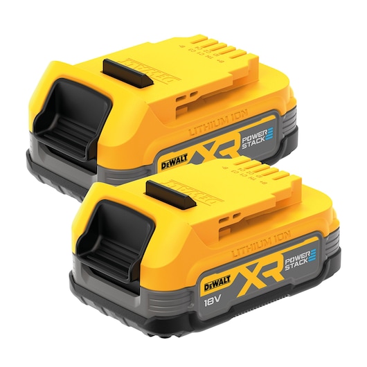 Two DEWALT XR PowerStack 18V lithium-ion batteries in yellow and black, side by side.