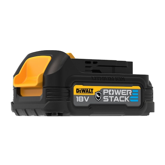 DEWALT 18V PowerStack Lithium-Ion battery, black and yellow, shown from the side on a white background.