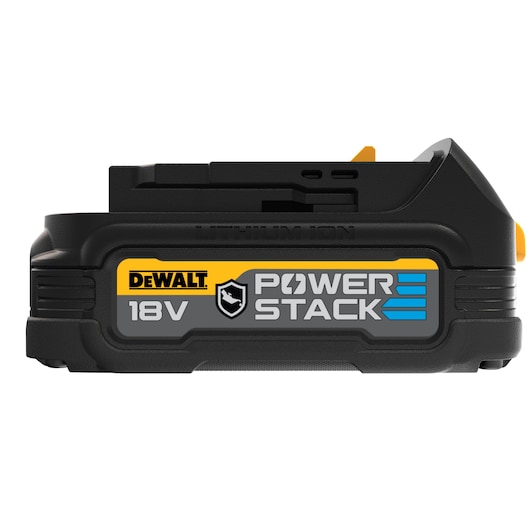 DEWALT 18V POWERSTACK lithium-ion battery pack viewed from the side against a white background.