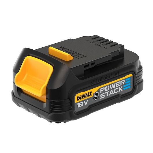 DEWALT 18V POWERSTACK lithium-ion battery pack with black and yellow design.