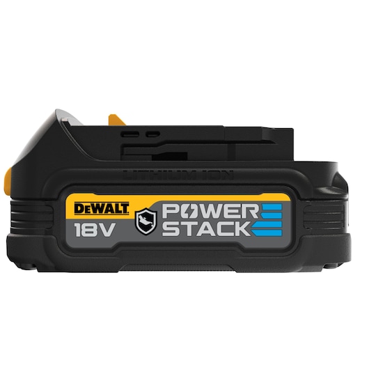 DEWALT POWERSTACK 18V lithium-ion battery shown from the side with logo and product label visible.