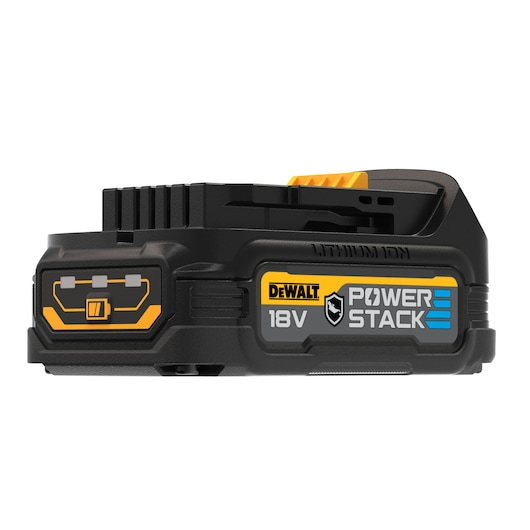 DEWALT POWERSTACK 18V Lithium-Ion battery in black and yellow, shown from side view.