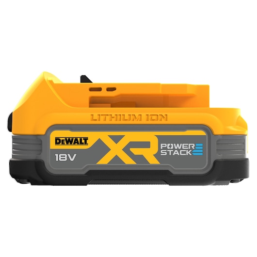 DEWALT 18V XR Powerstack lithium-ion battery, yellow and black, side view with brand and model label.