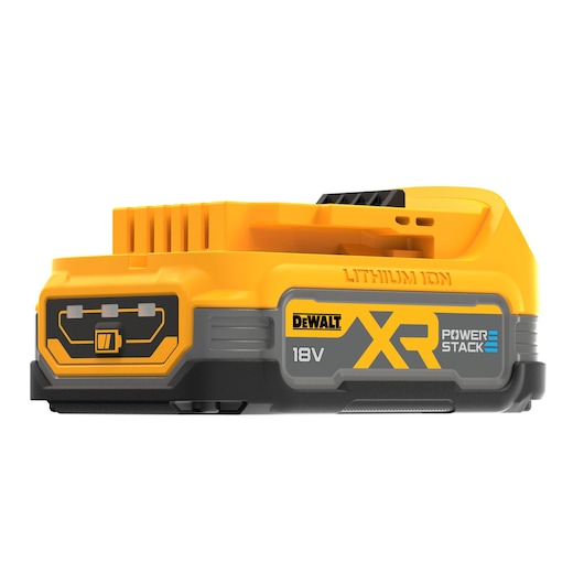 DEWALT XR POWERSTACK 18V lithium-ion battery pack in yellow and black, side view, model DCBP034.