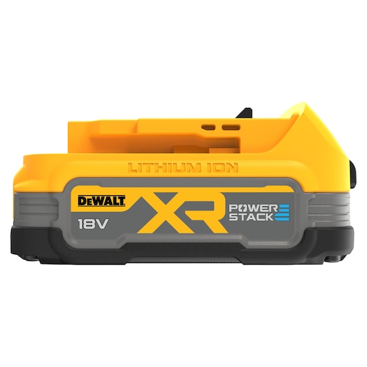 DEWALT 18V XR POWERSTACK lithium-ion battery pack with yellow and gray design for power tools.