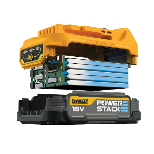 Exploded view of a DEWALT 18V POWERSTACK lithium-ion battery, showing internal cell structure.