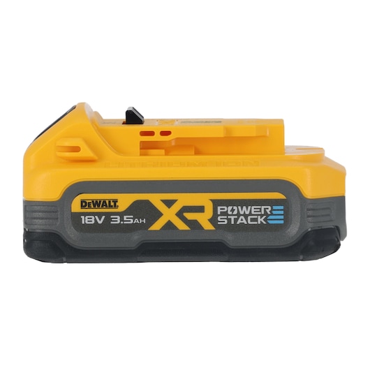 DEWALT XR PowerStack 18V 3.5Ah lithium-ion battery for power tools, shown in yellow and black.