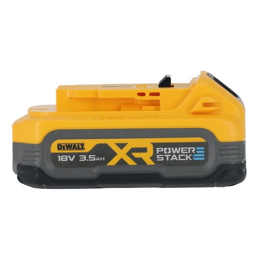 DEWALT XR Powerstack 18V 3.5Ah lithium-ion battery for power tools, yellow and black rectangular design.