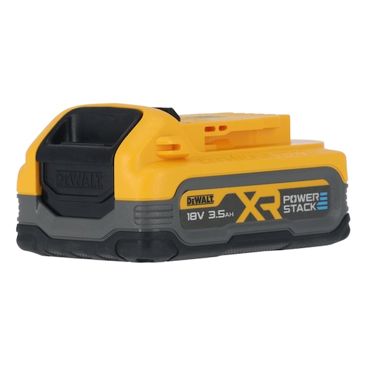 DEWALT 18V XR Powerstack 3.5Ah battery shown with yellow and black casing, side angle view.