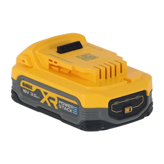 DEWALT 18V 3.5Ah XR PowerStack lithium-ion battery for cordless tools, yellow and black casing.
