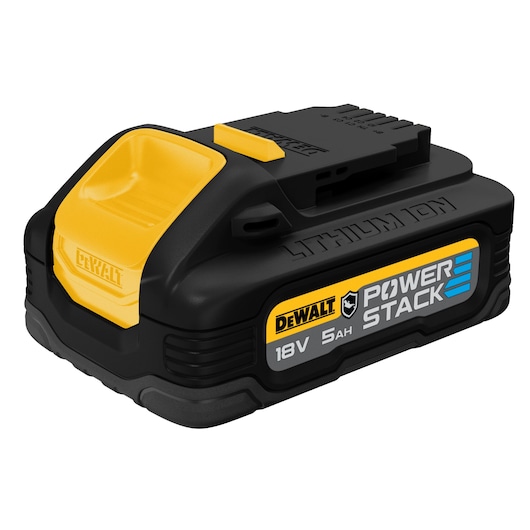 DEWALT POWERSTACK 18V 5Ah lithium-ion battery, black and yellow, side view on white background.
