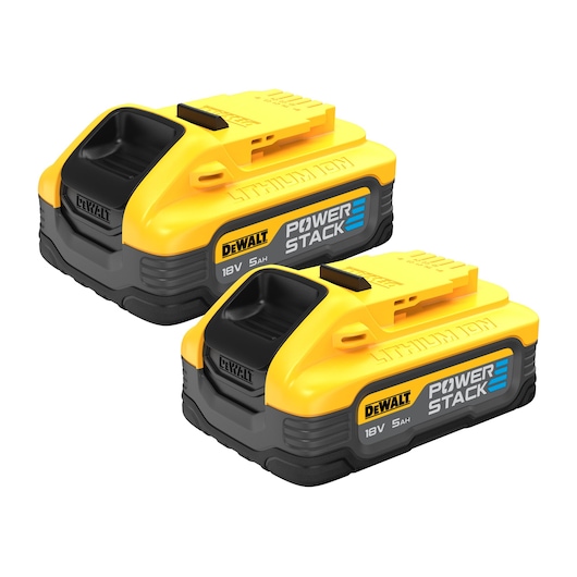 Two DEWALT PowerStack 18V 5Ah lithium-ion batteries for power tools, shown side by side.
